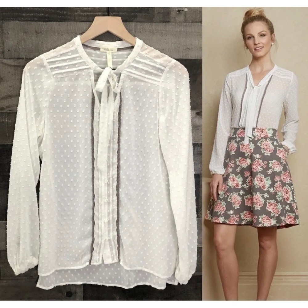 Matilda Jane Womens Sz XL Ivory Swiss Dot Chiffon Tie Neck Blouse Crochet Top